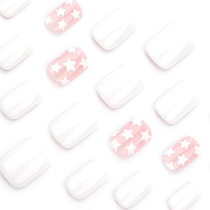 Press on Nails Short Square MABKJLF White Fake Nails False Nails with White Stars Designs Full Cover Glossy Glue on Nails Cute Stick on Nails for Women Girls 24 Pcs