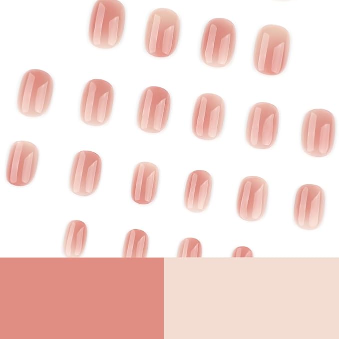 Jelly Press on Nails Short Squoval Fake Nails Pink Nails Press ons with Design Full Cover Stick on Nails for Women Manicure,Reusable | Artificial | Glue Tabs | Easy Apply | 24Pcs