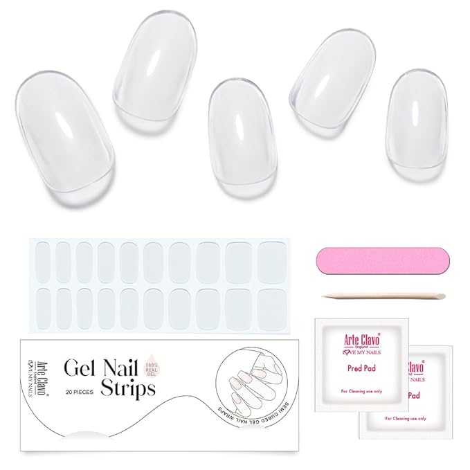 Arte Clavo Semi Cured Gel Nail Strips, 20 Pcs Gel Nail Stickers with UV Light Required, Salon Quality, Long Lasting, Easy Apply and Remove (Transparent)