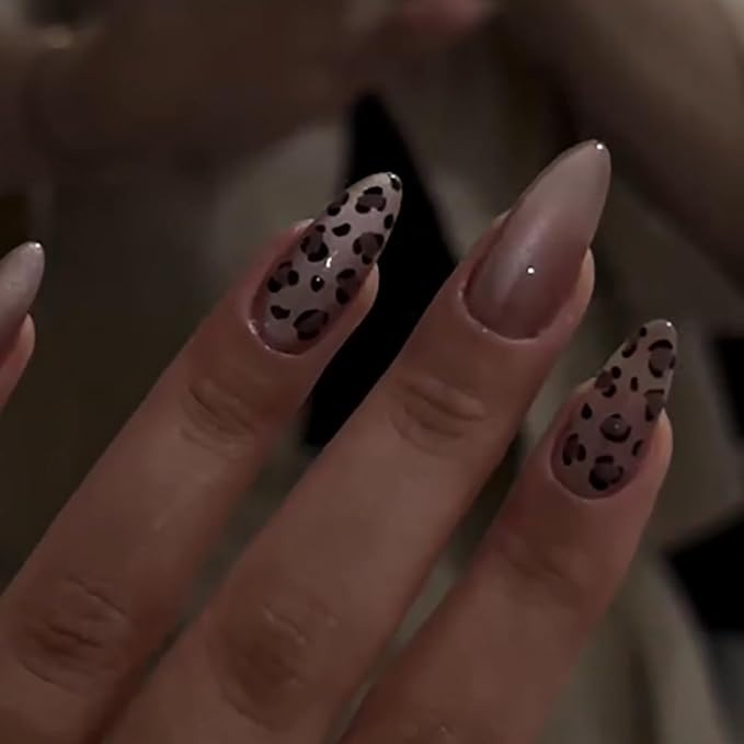 Leopard Press on Nails Medium Almond Fake Nails Nude Cat Eye Nails Press ons with Design,Reusable & Easy Apply Full Cover Stick on Nails for Women Fall Winter Manicure 24Pcs