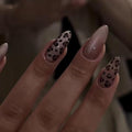 Leopard Press on Nails Medium Almond Fake Nails Nude Cat Eye Nails Press ons with Design,Reusable & Easy Apply Full Cover Stick on Nails for Women Fall Winter Manicure 24Pcs
