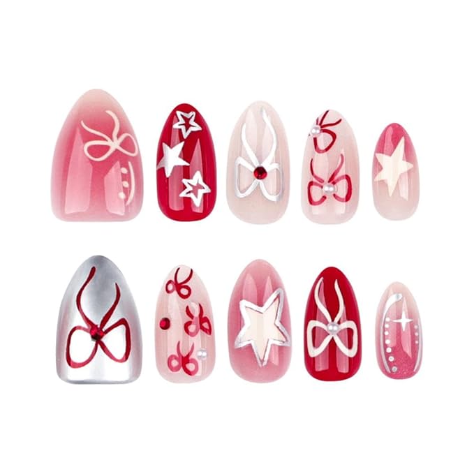 Ombre Red Press on Nails Medium Almond Fake Nails with Pearl Bow Charm Design Silver Star False Nails Glossy Summer Glue on Nails Reusable Full Cover Handmade Stick on Nails for Women Manicure 24Pcs