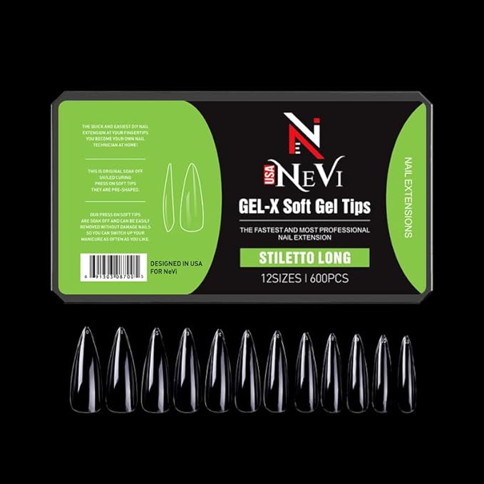 Nail Gel-X Natural Stiletto Long Tips Set - NeVi USA Premium Quality, 600 Tips in 12 Sizes - Complete DIY Nail Extension Kit | No Size 00 Included #10&11 are in the same section #10