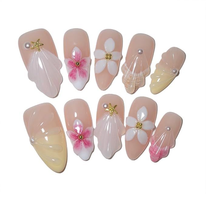 10Pcs Handmade Press-On Nails, Medium Almond Unique French Design with 3D Floral, Pearl, Starfish & Seashell. Reusable, Top-Tier Craftsmanship. For Women & Girls, Daily & Party Glamour (A014, Size M)