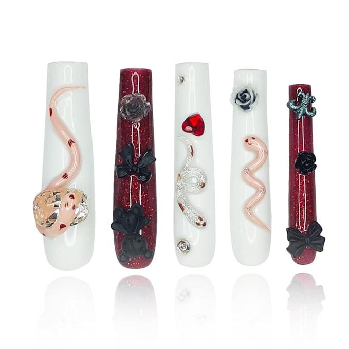 2025 Long Handmade PMMA Acrylic Press-On Nails with Rhinestone Snake Rose Design, Dark Bear Collection Nails, Reusable Fake Nails w/Box, Gift for Women (White & Red, Medium)