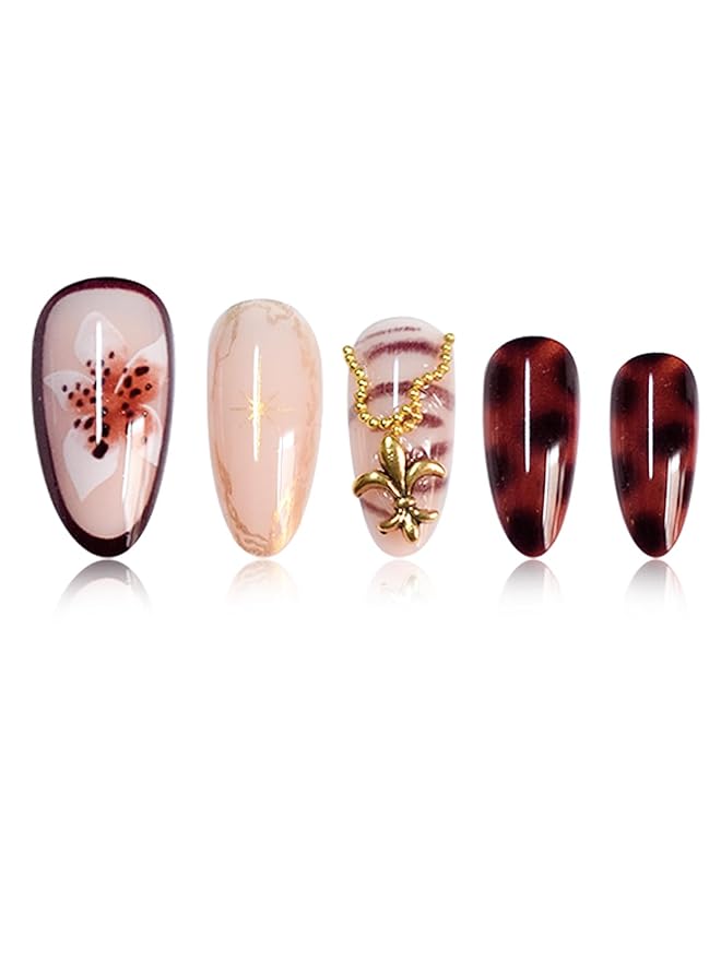 Medium Almond Press on Nails Brown Fake Nails Floral Artificial Nail with Gold Charm Designs Glitter Stick on Nail for Women 24pcs