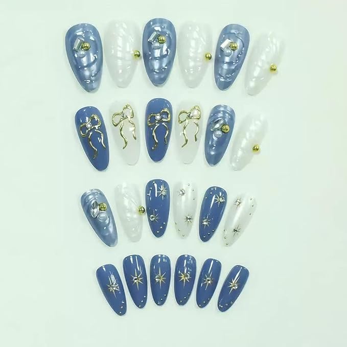 Press on Nails Handmade Medium Almond Fake Nails with Gold Star Bow Charms Design Blue White Glue on Nails Water Ripple Rhinestone Pearl False Nails Reusable for Women Girls Manicure