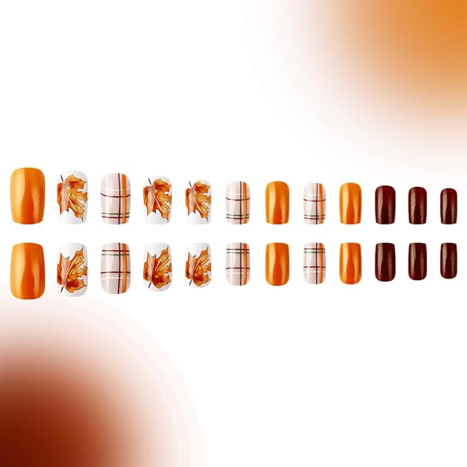 Fall Press On Nails Short Square, Autumn Acrylic Press On Nails, Lattice Maple Leaf Designer Reusable Fake Nails, Glue On Nail Press Ons for Hallows' Day Women, Nails Press Ons