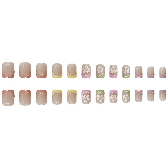 Press on Nails Short Square French Tip Fake Nails Three-Dimensional Water Droplet False Nails with Flower Designs Full Cover Colorful Glossy Glue on Nails Acrylic Nails for Women Girls 24Pcs