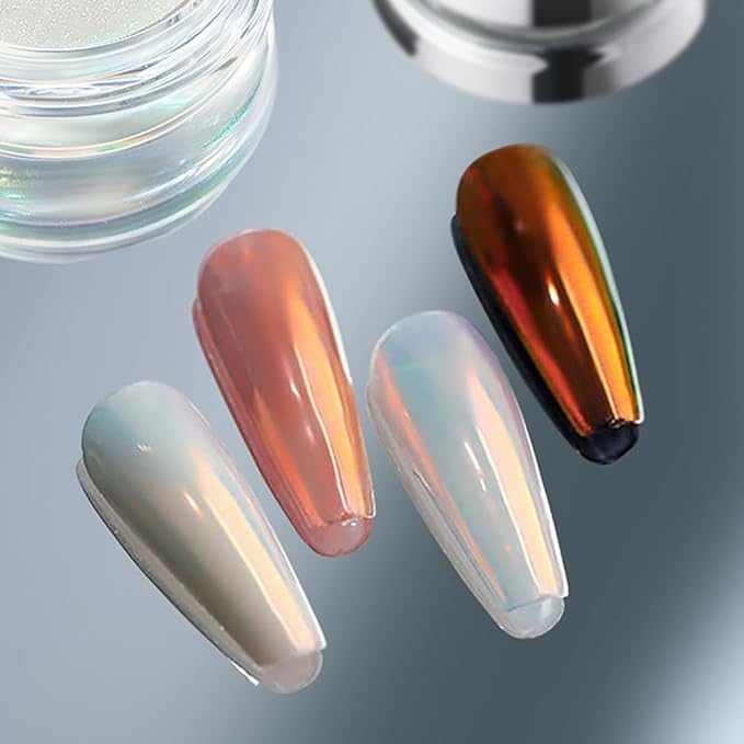 PrettyDiva Aurora Chrome Nail Powder - 2 Colors Pearl Chrome Nail Powder with Multi Color Shifting Metallic Powders Mirror Effect, Magic Moonlight Effect White iridescent Pigment powder for Nails