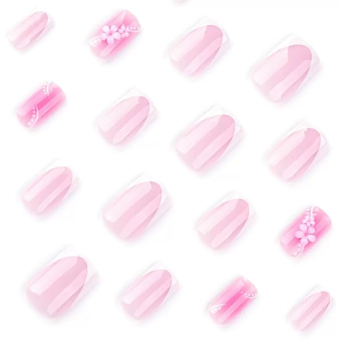 Press on Nails Square - Short Fake Nails with Floral Chrams Design - White French Tip False Nails Press ons - for Women 24 Pcs
