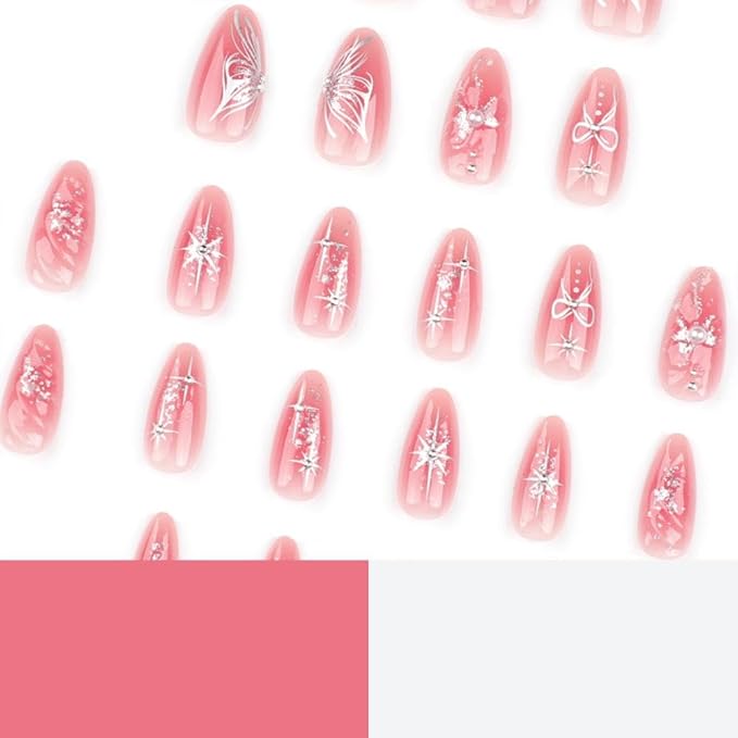 Pink Press on Nails Medium Almond Fake Nails with Pearl Bow Charm Design Silver Star False Nails 3D Water Ripple Glue on Nails Reusable Glossy Glitter Summer Stick on Nails for Women Manicure 24Pcs