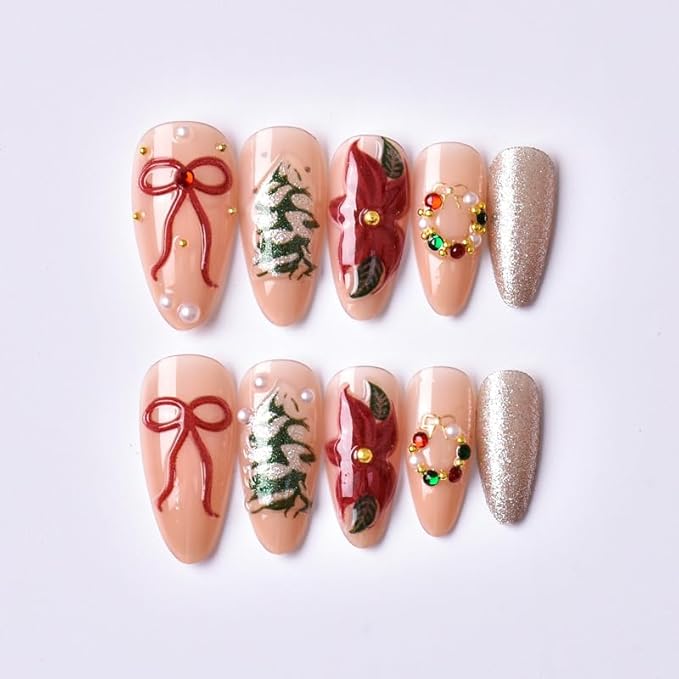 Christmas Press on Nails Medium Almond Fake Nails Christmas Tree Rhinestone False Nails 3D Bow Flowers Glitter Designs Full Cover Stick on Nails Winter Xmas Acrylic Nail for Women Manicure