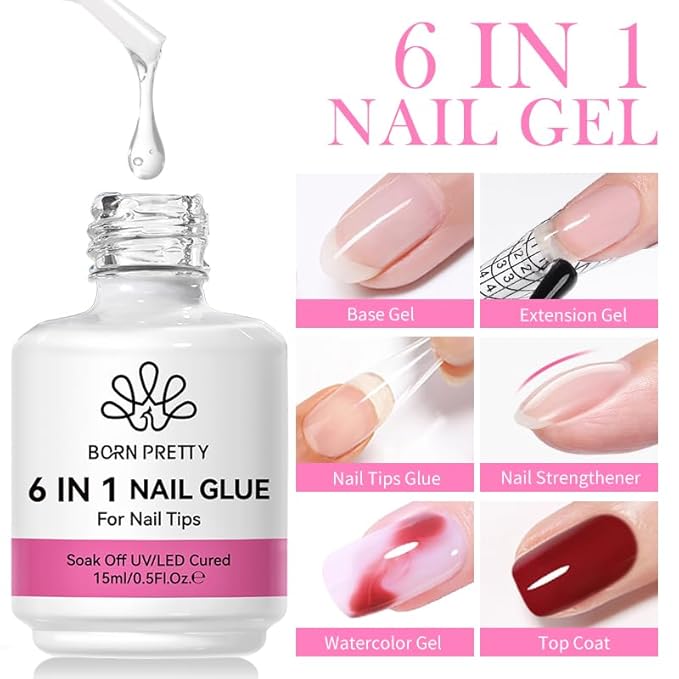 Born Pretty Nail Glue for Press on Nails, Blooming & Rhinestone - Quick Dry Nail Adhesive for Tips, 6 in 1 Gel Nails Glue Nail Art Design and DIY Extensions for Home Salon