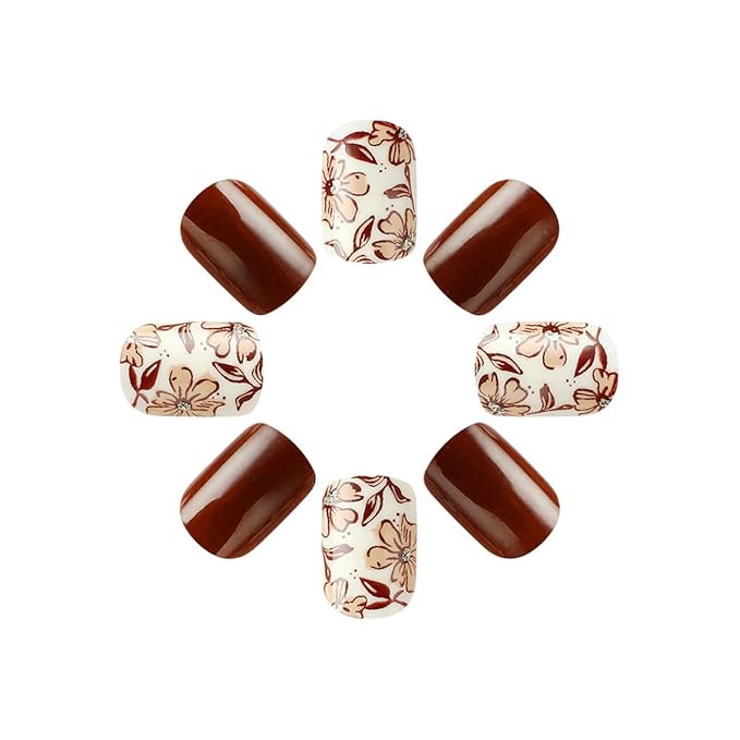 Fall Brown Press on Nails Short Square Fake Nails Autumn False Nails Press ons with Flower,Glitter Design Reusable Artificial Nail Full Cover Glue on Nail Stick on Nails for Women Manicure 24 Pcs