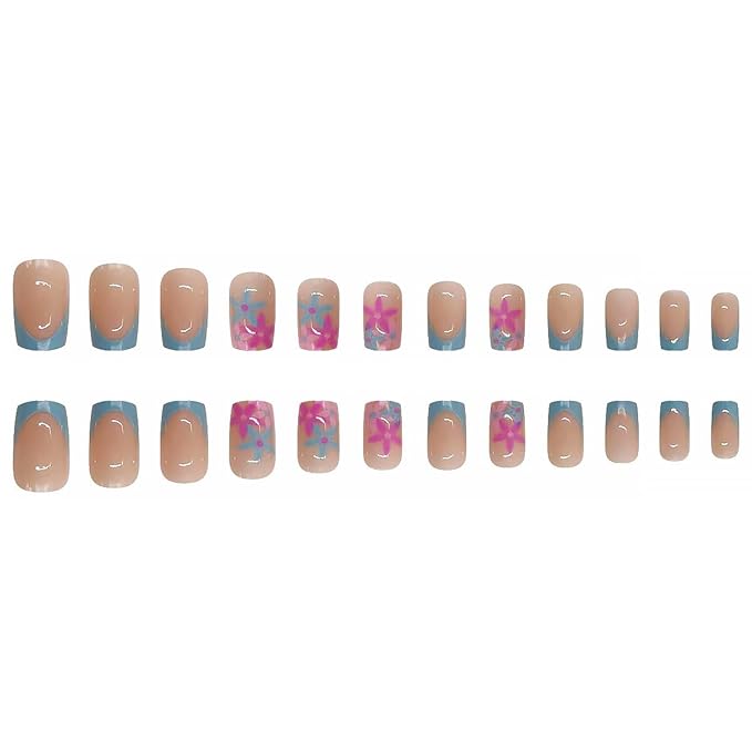24pcs Blue French Tip Press on Nails Medium Square Fake Nails Pink Flower Design Nail Art Supplies Acrylic Artificial Nails Glossy Glue on Nails Full Cover Nail Supplies for Women Manicure Decoration