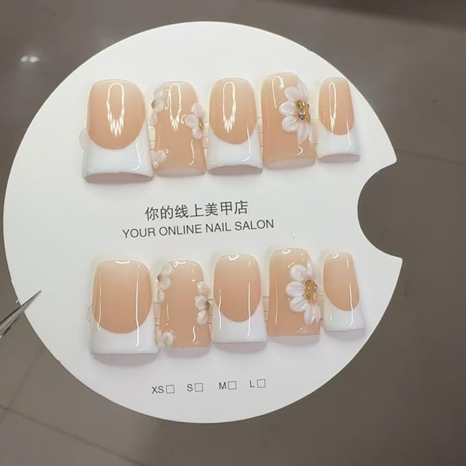 Duck Press on Nails Short Handmade 3D Unique Flower Fake Nails White French Tip False Nails with Designs Thick and Muti-Layer Gel Acrylic Nails Glossy Glue on Nail for Women (Size S)