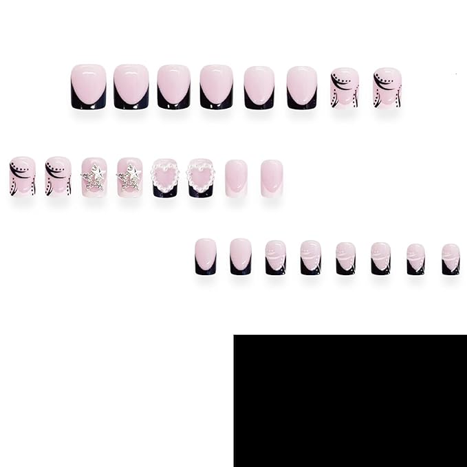 Press on Nails Short Square MABKJLF French Tip Fake Nails Black & White False Nails Stars Pearls Heart Charms Designs Glossy Glue on Nails Stick on Nails for Women Girls 24 Pcs
