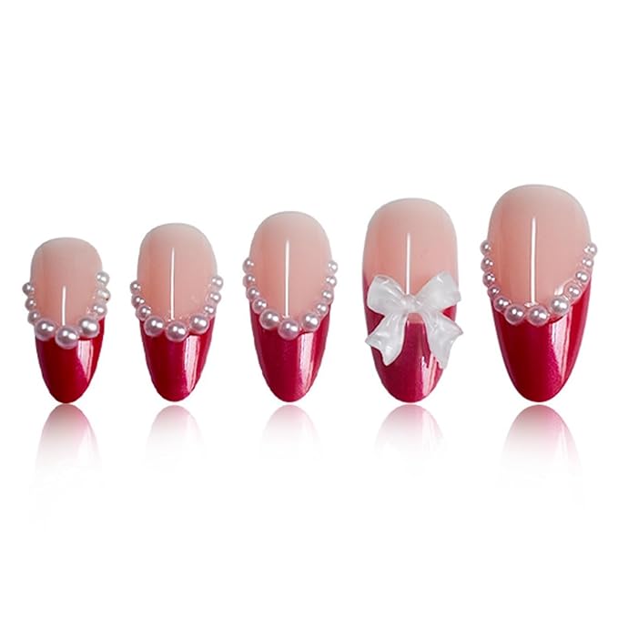 Medium Press on Nails Almond Fake Nails French False Nails Red Artificial Nails with White Bow Designs Stick on Nails for Women 24pcs
