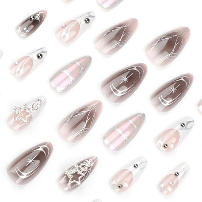White French Tip Press on Nails Medium Almond False Nails with 3D Star Rhinestones Designs Silver Flame Fake Nais Black Ombre Acrylic Nails Full Cover Glue on Nail for Women Girls Manicure 24Pcs