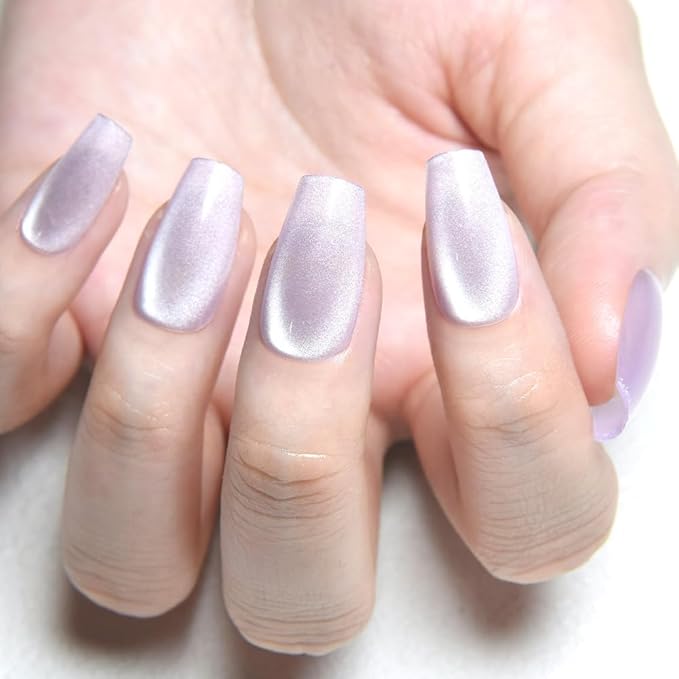 evpct Cat Eye Coffin Press on Nails Square Medium, Medium Square Stick on Nails for Women Gift, Light Lavender Purple Metallic Glitter Glossy Reusable Spring Summer Gel Press on Fake Nail with Designs