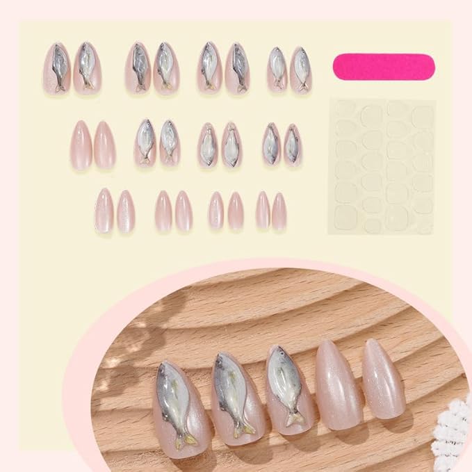 Almond Press on Nails Medium Fake Nails 3D Fish False Nails Finish Cat Eye Glue on Nail Cute French Tip Acrylic Nails Full Cover Stick on Nail for Women Manicure 24Pcs