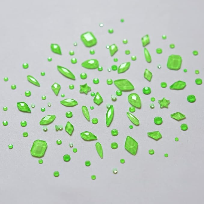 820pcs Neon Green Flatback Crystals Glass Mix Designs Nail Rhinestones Bulk Round Beads Stones Assortment Gems and Charms for Nail Decoration Accessory