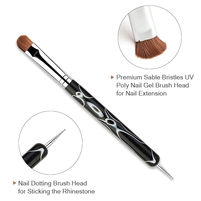 French Manicure Brush -Two Way Sable Nail Art Brush with Dotting Tool for Manicure Cuticle Clean Up Nail Art Design- Professional Nail Salon Quality Brush, Nail Dotting Pen (20#)
