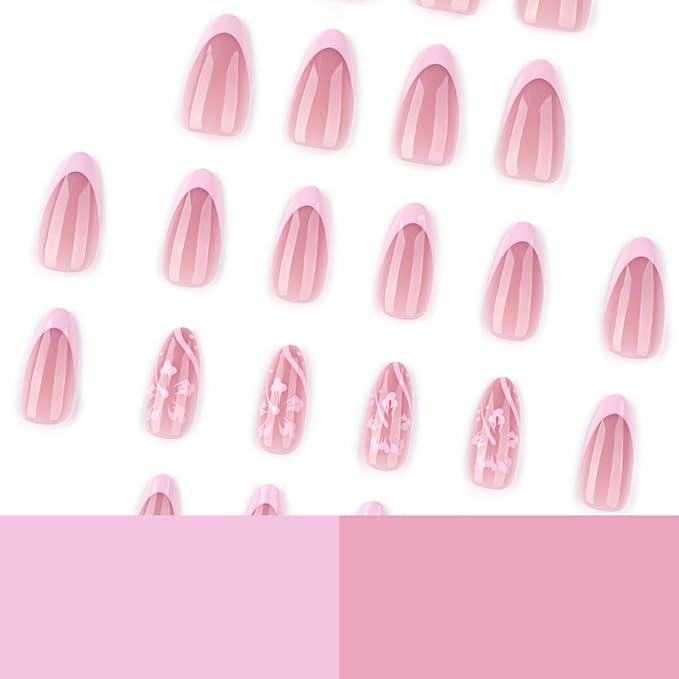 Pink Flower Press on Nails Medium Almond,Pink French Tip Fake Nails Press ons with Floral Design,Glossy Finish | Reusable | Nail Kit with Jelly Adhesive Tabs | 24 Pcs