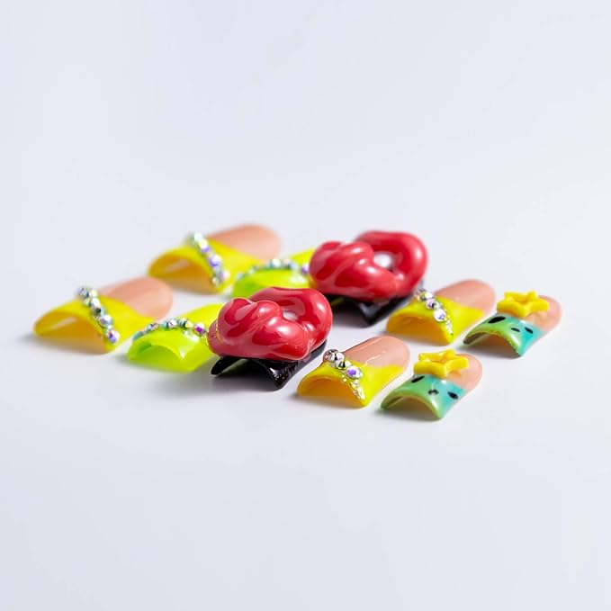 10 Pieces Luxury Acrylic Press On Nails Short Handmade Duck Nails, Thickened False French Nails, Rhinestones, Yellow Star And 3D Red Lips, Reusable Fake Nails, Acrylic Nails (S)
