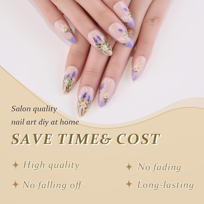 evpct Nude Pink Press on Nails Medium Almond with Lavender Flower Design, Full Cover Fake Nails Reusable Perfect Fit Nail Kit with Gel, Gel Stick on French Floral Nail for Women Manicure, 24Pcs