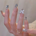 Press-On Nails, Medium Length Translucent False Nails with Diamonds, Inlaid with Butterfly and Diamonds, Suitable for Individuality Exquisite Girls and Women False Nails 24pcs (With Tool Kit)