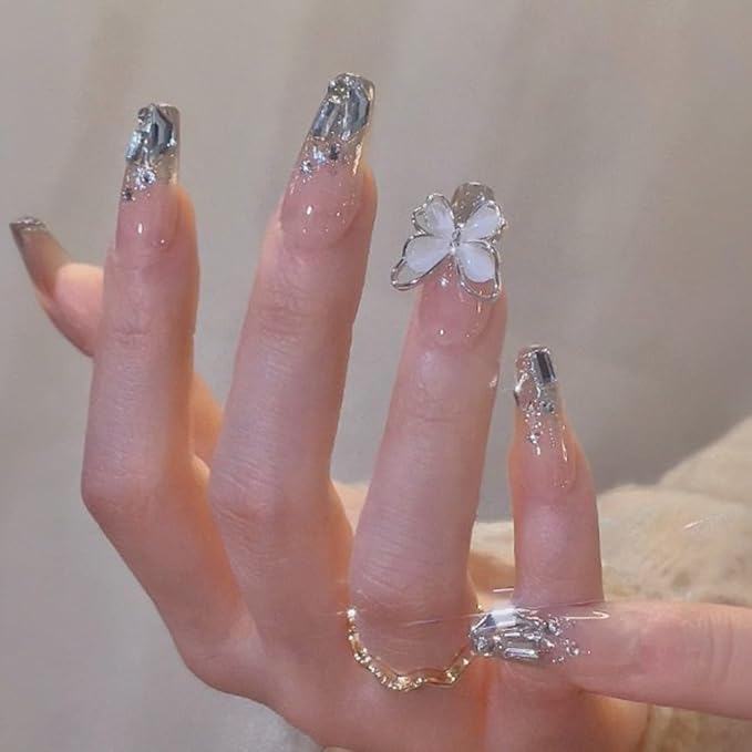 Press-On Nails, Medium Length Translucent False Nails with Diamonds, Inlaid with Butterfly and Diamonds, Suitable for Individuality Exquisite Girls and Women False Nails 24pcs (With Tool Kit)