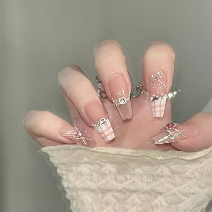 Press on Nails Medium Long French White Pink Grid False Nails with Rhinestones Glossy Fake Nail Tips Artificial Manicure for Women and Girls – 24pcs with Glue Kit (White Pink Grid)