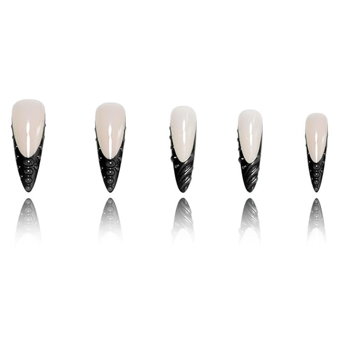 Long Press on Nails Stiletto Fake Nails Black French Artificial Nail with 3D Water Droplets Designs Extra Long Glossy Cute Stick on Nail for Women 24pcs
