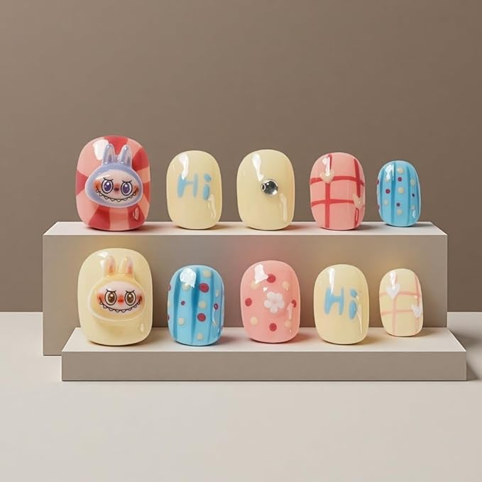 Cartoon Press on Nails Extra Short Square - 3D Cute Charms Design, Colorful Mini Figure False Nails for Women and Girls (Cartoon-B,M)