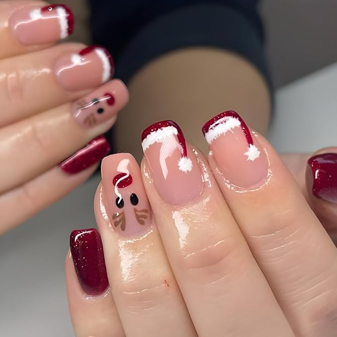 6 Packs (144 Pcs) Christmas Press on Nails Short Square Fake Nails Winter Xmas False Nails with Designs Snowflake Snowman Elk Glue on Nails Full Cover Glossy Acrylic Stick on Nail for Women Manicure