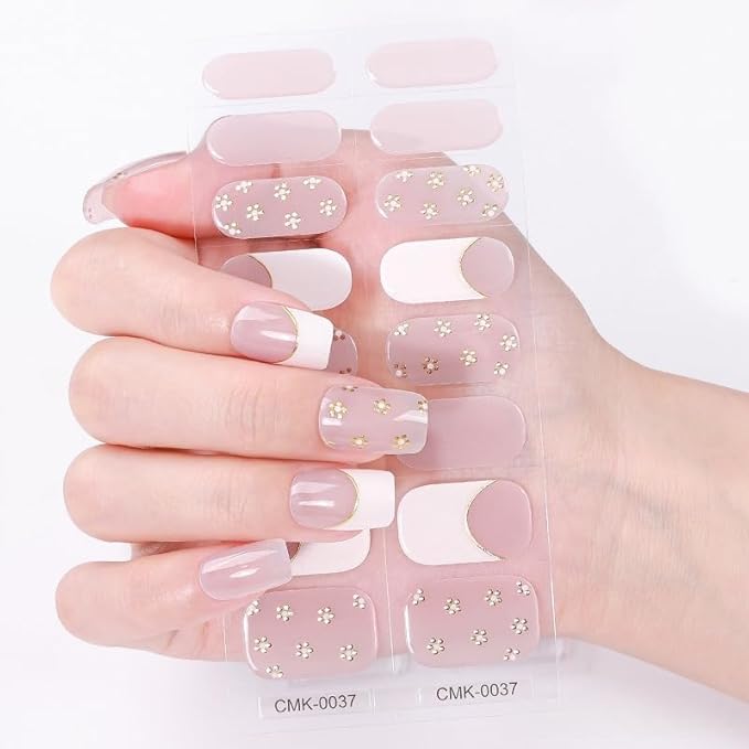 16pcs Gel Nail Strips - Nail Wraps Kit for Women Girls, No UV Light Needed, Natural Looking Manicure Full Cover Fake Nails Short Art Decor(White French Tip)