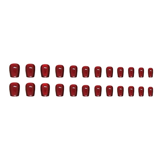 Red Cat Eye Press on Nails Short Square Fake Nails Glitter False Nails with Design Bling Glossy Glue on Nail Wine Red Gradient Acrylic Shiny Artificial Stick on Nail for Women Manicure 24Pcs