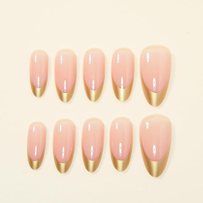 Gold French Tips Press on Nails Medium Almond Fake Nails Glossy Chrome False Nails Golden French Nail Tips Metal Acrylic Nails Full Cover Stick on Nail for Women Decoration 24Pcs
