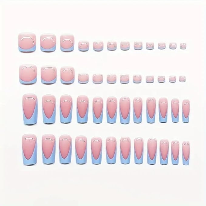 60Pcs Medium Press on Nails Square & Press on Toenails Set, Blue French Tip Press on Nails Short Square Press on Toe Nails Summer False Toenails Full Cover Stick on Nails for Women