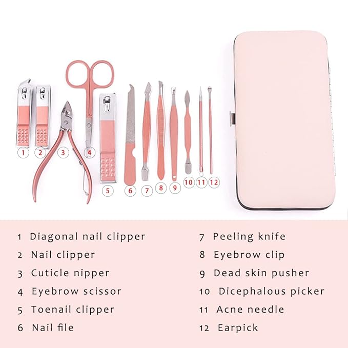 Pink Manicure Set Beauty Tool Portable 12 in 1 - Nail Clipper Pedicure Grooming Kit Stainless Steel Luxury Leather Travel Case, for Woman Girl Home Travel Gift Giving