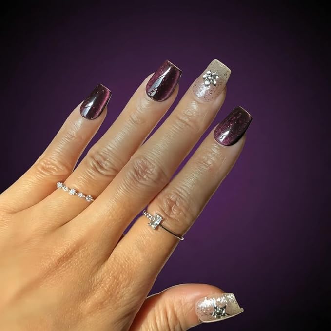 Neon Press on Nails Short Coffin, Handmade Acrylic Cat Eye Pink Purple Glitter Gradient with 3D Silver Stars & Rhinestone Flowers (Gemstone Starry Night,M)