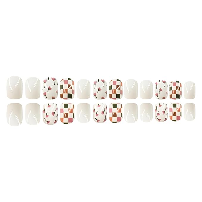 24Pcs Flower Press on Nails Short Square Fake Nails White False Nails Glossy Full Cover Nails Press Ons Summer Spring Glue on Nail DIY Acrylic Stick on Nail for Women Decorations Set