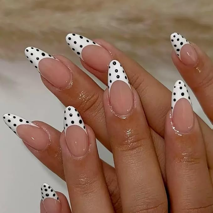 6 Packs (144 Pcs) Press on Nails Medium Almond Fake Nails with Designs Polka Dot Glue on Nails Cute False Nails Full Cover Glossy Acrylic Stick on Nail for Women Girls Manicure