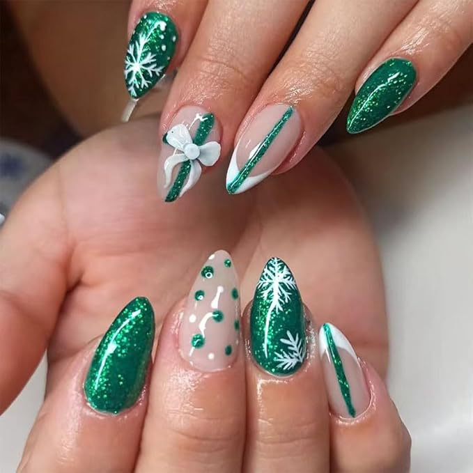 Christmas Press on Nails Medium Almond MABKJLF French Tip Fake Nails False Nails with Snowflake Bow Green & White Polka Dots Glitter Designs Glossy Glue on Nail Acrylic Nails for Women Girls 24Pcs