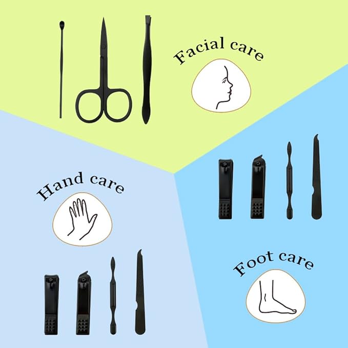 Manicure Set Nail Clippers Nail Tools Easter Basket Stuffers Pedicure Supplies Toenail Clippers for Women Men Fingernail Toenail Clipper 8 in 1 Manicure Tools Black with Leather Travel Case