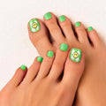 GoldFinger Trendy Press On Fake Toenail Kit Wider Fit, Smile Face Graffiti Print & Green Color, Ready to Wear Gel & Manicure Stick, Mini Glue included, Long-Lasting Convenient & Easy to Apply