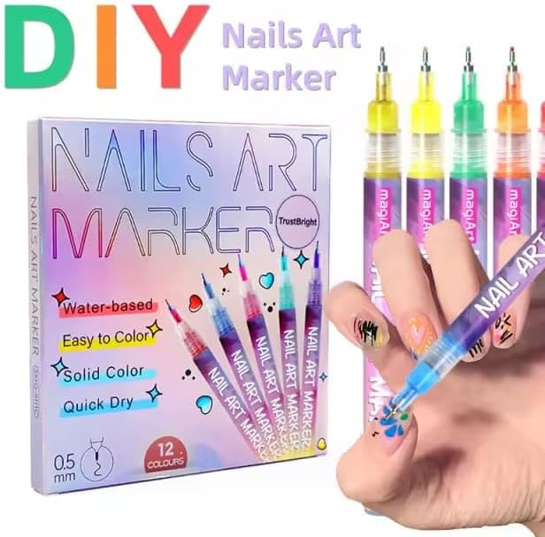 12 Colors Nail Art Pens Set, Fine Tip Nail Art Markers & Nail Polish Pens for DIY Nail Art, Manicure Design, Home & Salon Nail Kit Accessories