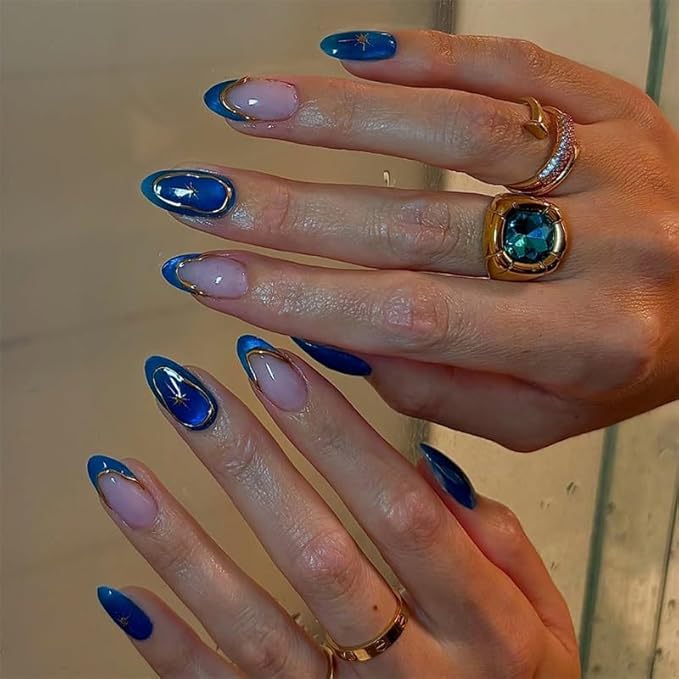 30 Pcs Long Almond Press On Nails - Dark Blue Glitter Gold Star Design, Glossy Reusable Fake Nails with Adhesive Tabs,Easy Application Manicure Set for Work, Party & Daily Use